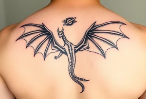 Dragon flying with outstretched wings, facing the viewer, with a long and slender body, the head slightly higher than the wings, and the tailed stretched out to one side tattoo idea