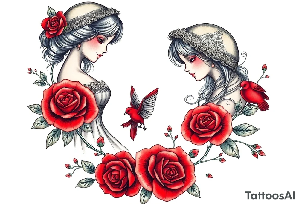 Vintage dollies, red roses, lace, red bird, no people, vintage, lower wrap arm tattoo tattoo idea
