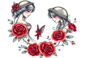 Vintage dollies, red roses, lace, red bird, no people, vintage, lower wrap arm tattoo tattoo idea