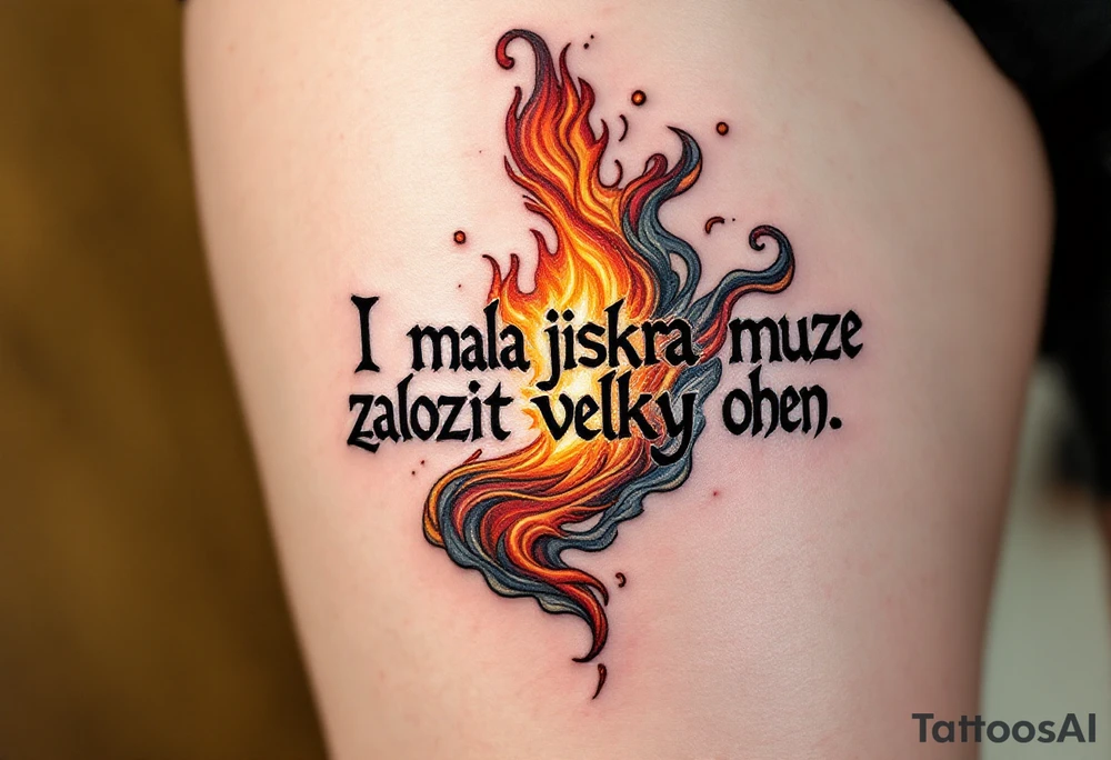 „I mala jiskra muze zalozit velky ohen.“ — A tiny golden spark igniting a roaring red-orange flame, with the phrase curling through the smoke. tattoo idea