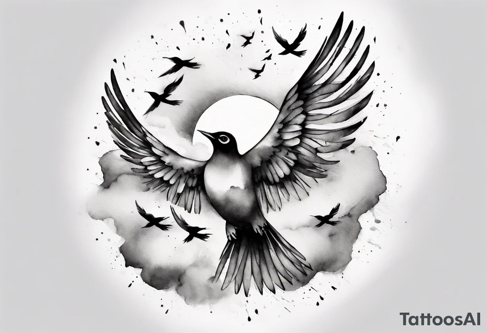 shoulder tattoo with light rays with birds flying free among the clouds, round shape, 3d effect tattoo idea shoulder tattoo with light rays with birds flying free among the clouds, round shape, 3d effect tattoo idea