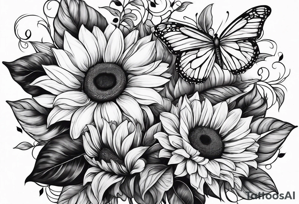 Arm sleeve with sunflowers and butterflies tattoo idea