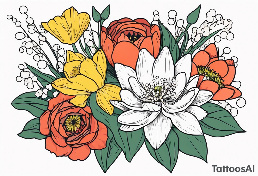 Poppy, water lily, Lily of the valley, daffodil, cosmo, rose, daisy flower bouquet, portrait style tattoo idea