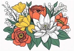 Poppy, water lily, Lily of the valley, daffodil, cosmo, rose, daisy flower bouquet, portrait style tattoo idea