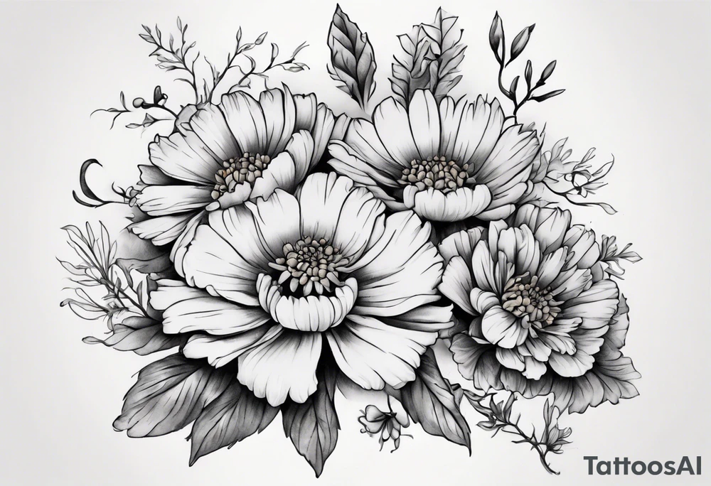 a sleeve tattoo of Marigold flowers, tattoo idea