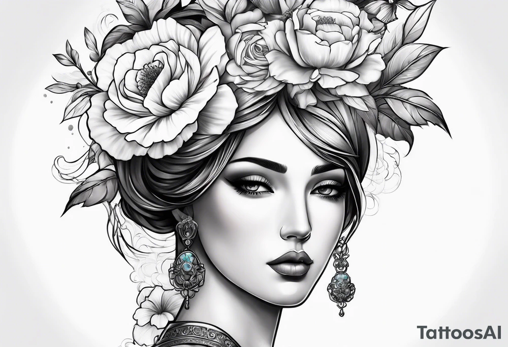Sleeve with blind Themis and flowers tattoo idea