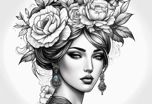 Sleeve with blind Themis and flowers tattoo idea