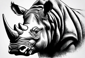 A front-facing rhino head with a sharp elongated tusk that appears angry and fierce. Ears pointed straight up and forward a bit. This rhino if he was in DnD would be a level 20 Paladin tattoo idea