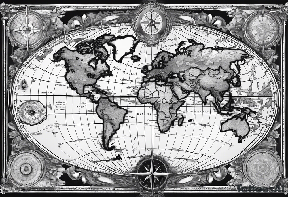Map world with compass tattoo idea