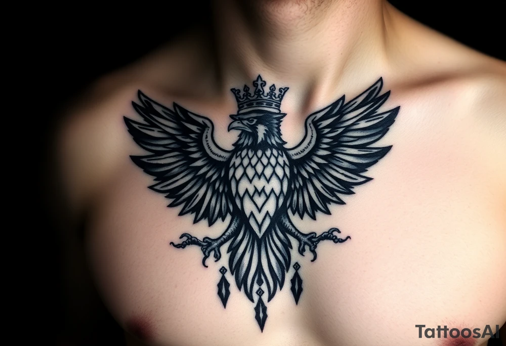 Chest tattoo,powerful two polish symetricals majestic darks eagle with crown, surrounded by lure ornaments tattoo idea