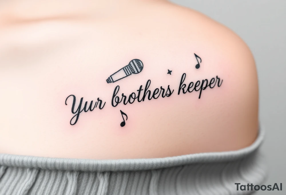 A microphone wire mixed together and writing the words “My brothers keeper” and music notes tattoo idea