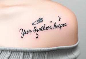 A microphone wire mixed together and writing the words “My brothers keeper” and music notes tattoo idea