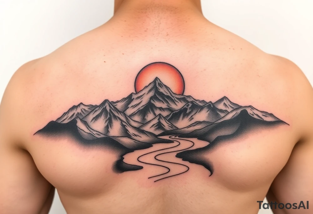 mountais. rive and sun rise and sunset tattoo idea