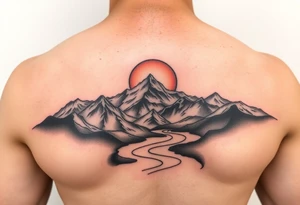 mountais. rive and sun rise and sunset tattoo idea