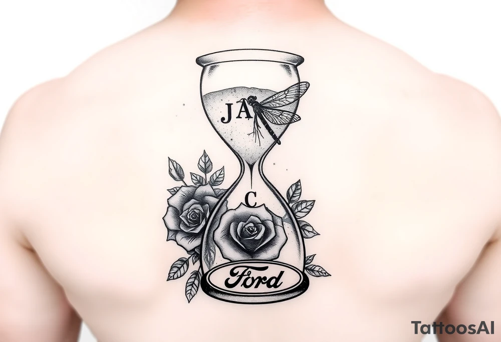 Hourglass with the letters J, A, C in the sand, dragonfly, cross, black rose, and Ford emblem as one tattoo tattoo idea