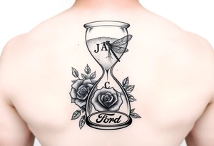 Hourglass with the letters J, A, C in the sand, dragonfly, cross, black rose, and Ford emblem as one tattoo tattoo idea