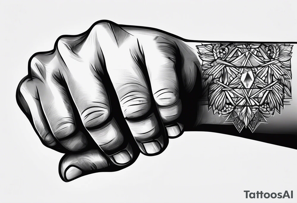 A clenched fist, the hand contains five fingers as specified, the tattoo is a back tattoo using negative space drawing techniques tattoo idea