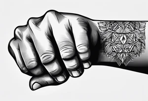 A clenched fist, the hand contains five fingers as specified, the tattoo is a back tattoo using negative space drawing techniques tattoo idea