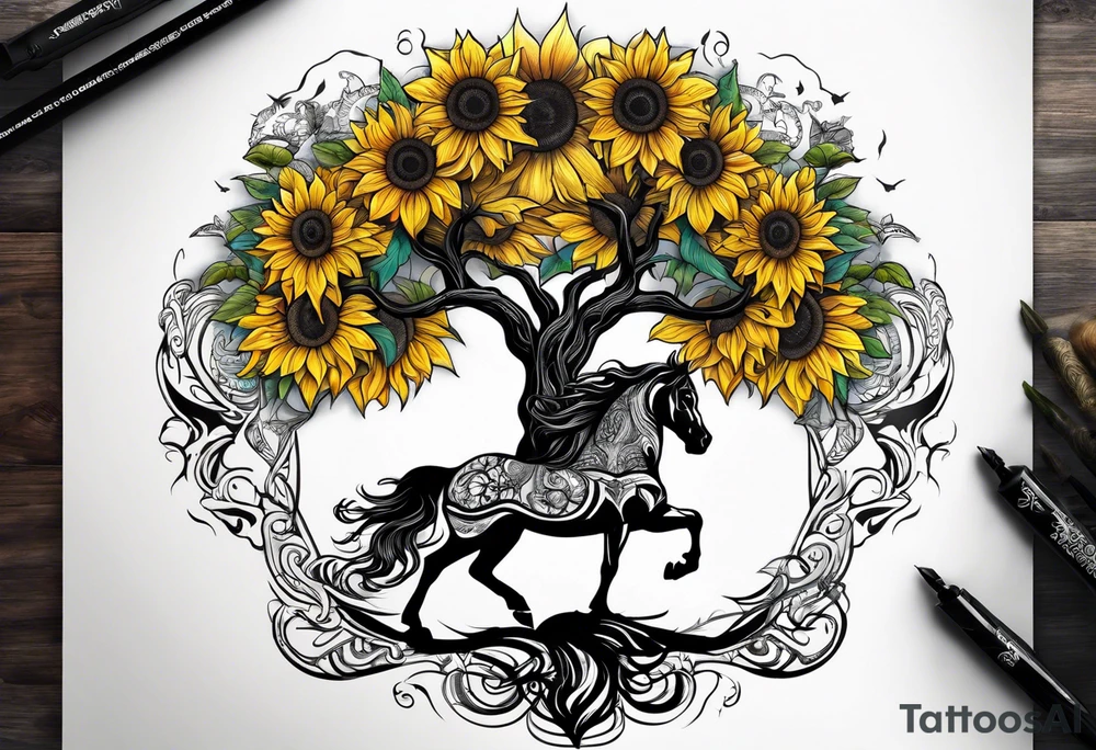 Yggdrasil tree, horse in front of it, and sunflowers tattoo idea