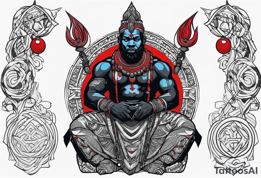 Black-skinned african god of war with a small silver crown, no armor, and two ball necklaces: one blue, other red tattoo idea