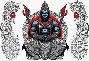 Black-skinned african god of war with a small silver crown, no armor, and two ball necklaces: one blue, other red tattoo idea