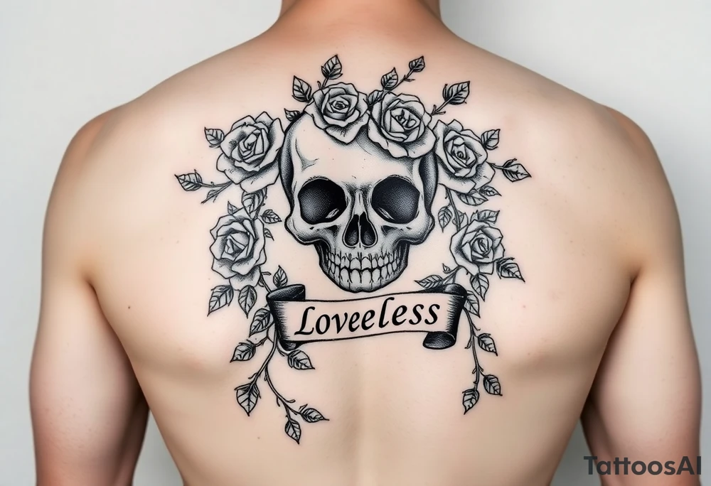 gothic skull intertwined with climbing roses and thorny vines with a ribbon saying loveless tattoo idea