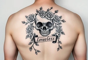 gothic skull intertwined with climbing roses and thorny vines with a ribbon saying loveless tattoo idea