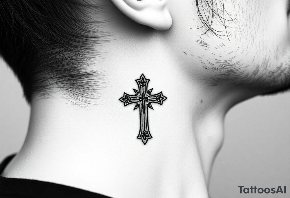 orthodox christian cross relatively small on side of left neck tattoo idea