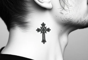 orthodox christian cross relatively small on side of left neck tattoo idea