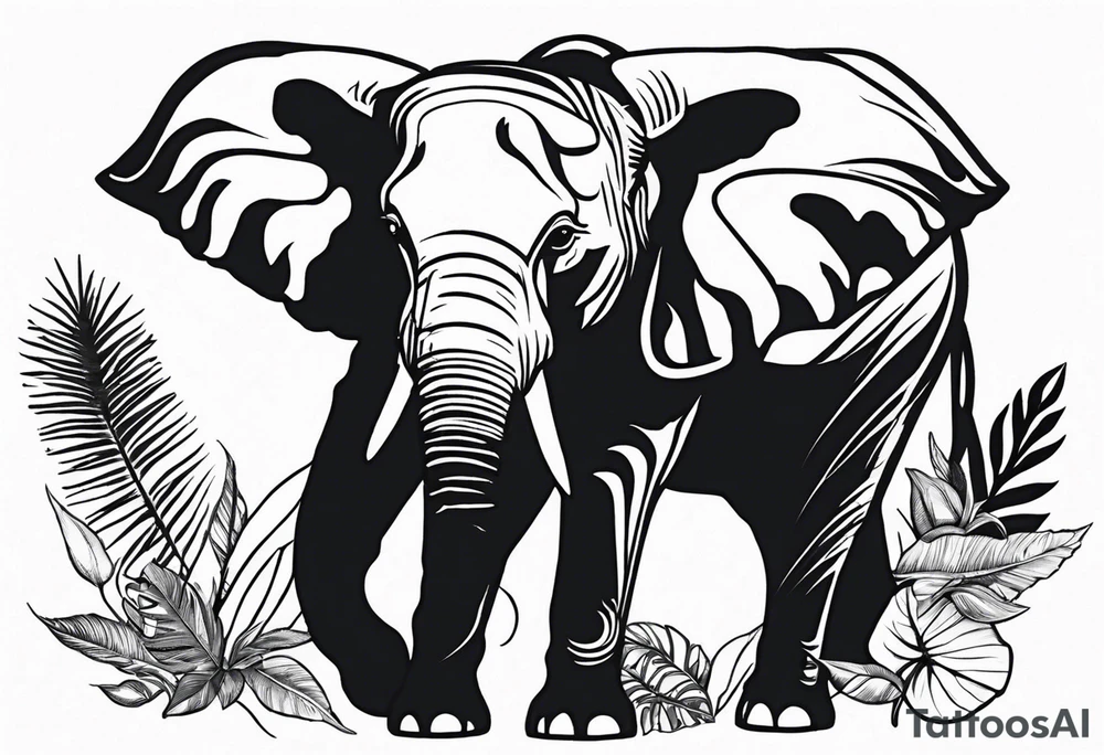 “A majestic elephant with its trunk raised, surrounded by tropical foliage, symbolizing memory and strength tattoo idea