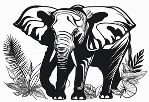 “A majestic elephant with its trunk raised, surrounded by tropical foliage, symbolizing memory and strength tattoo idea