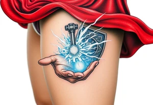 Thor’s red cape flowing in the wind, with Mjölnir spinning above his open palm, creating a vortex of energy, in cinematic full color with glowing white streaks. tattoo idea