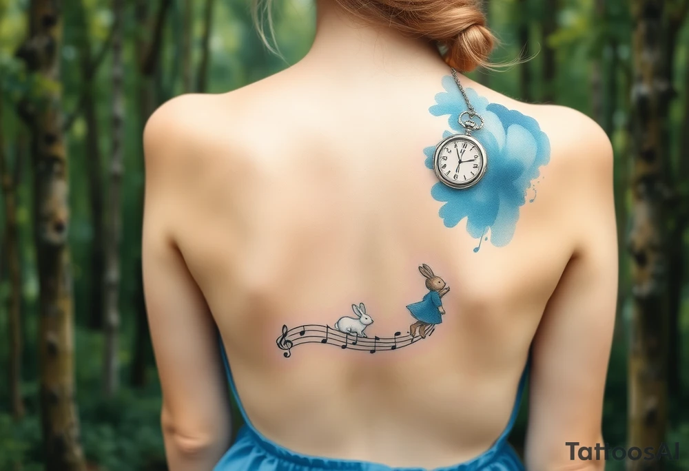Back view of a girl in a blue dress walking in a forest following a small white rabbit. A swril with music notes. A pocket watch on top of the scene, falling amongst the trees tattoo idea