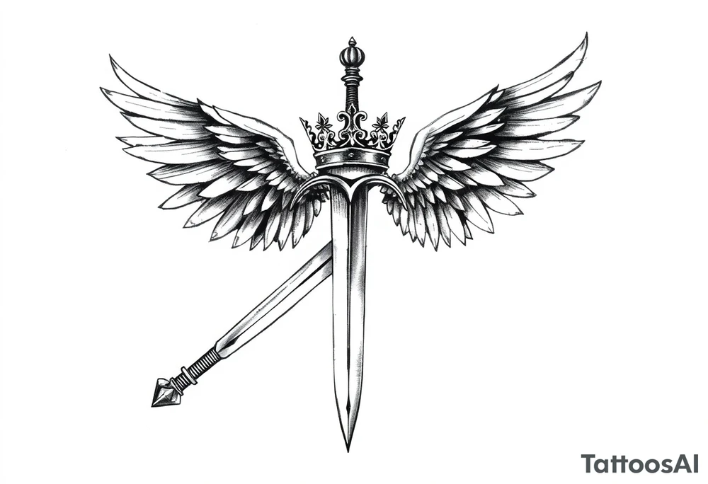 A sword with wings on the handle and a crown over the sword tattoo idea