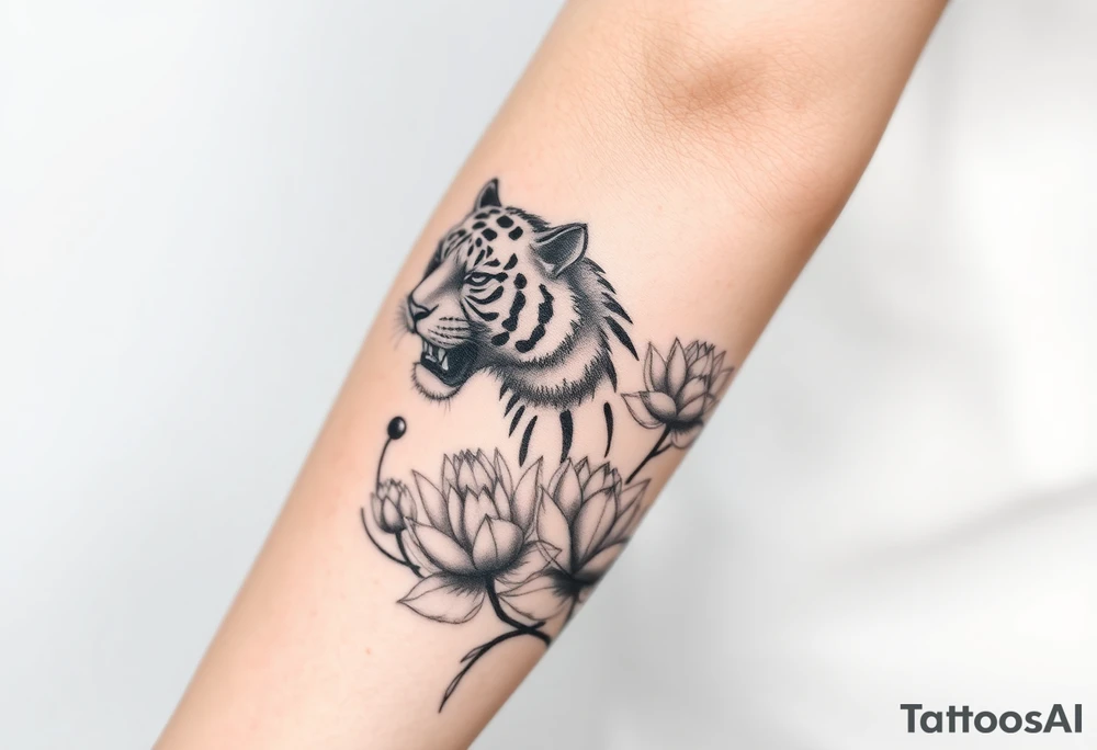 fierce tiger emerging through blooming lotus flowers in mist tattoo idea