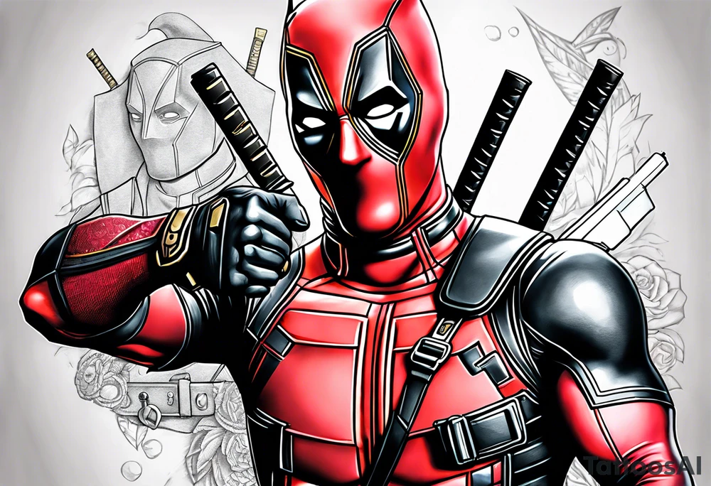 Deadpool realistic with Golden pistol tattoo idea