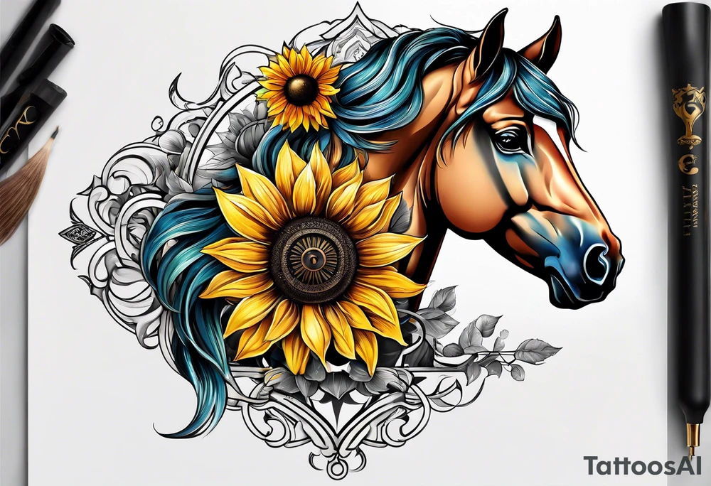 Horse, compass, sunflower tattoo idea