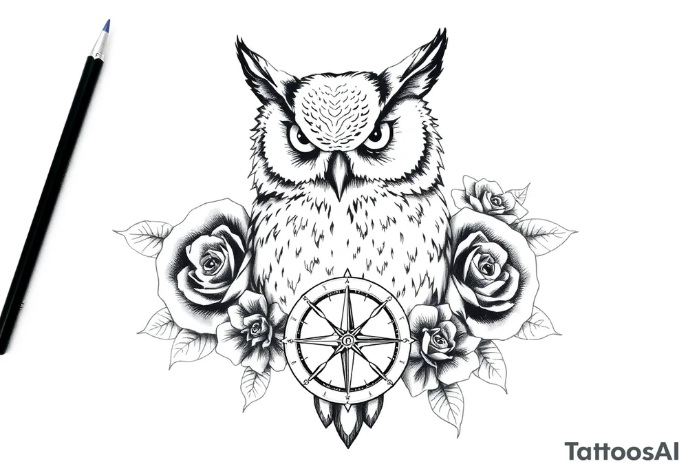 an owl,compass,roses, tattoo idea