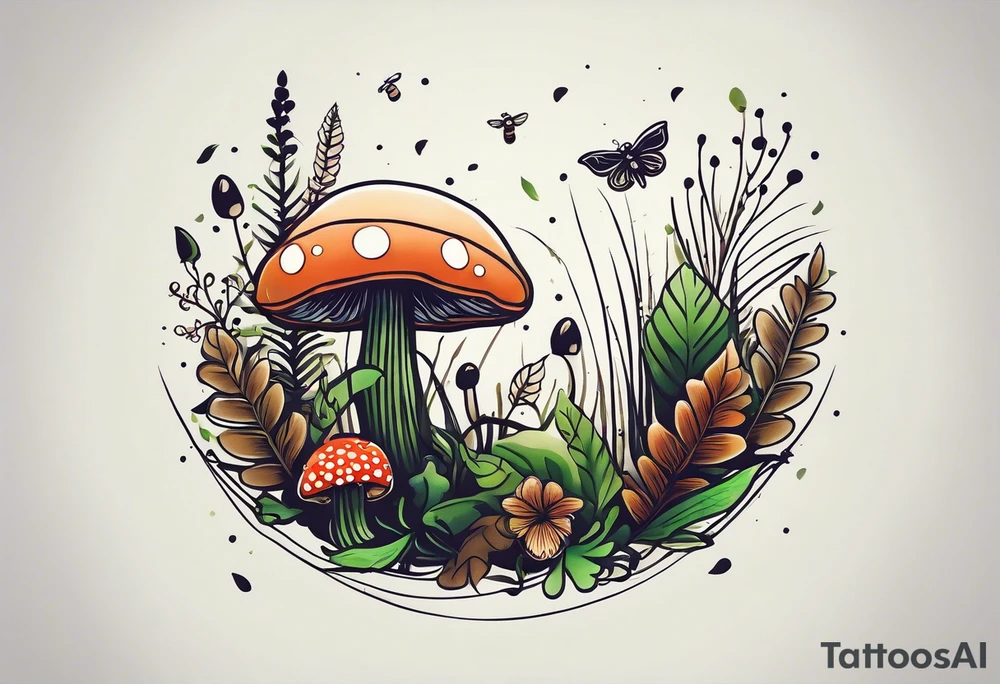 minimalistic forest floor inspired tattoo, which includes grass, moss, curly ferns and dead leaves as the bulk of the tattoo. details to include: forest berries, couple of very small brown mushrooms, a tiny bumblebee flying nearby tattoo idea