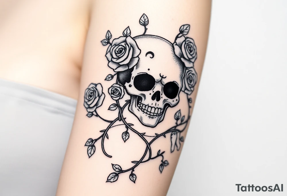 gothic skull intertwined with climbing roses and thorny vines tattoo idea