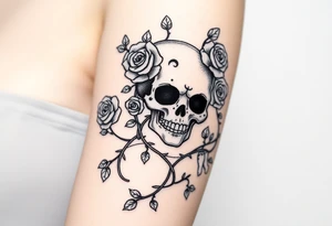 gothic skull intertwined with climbing roses and thorny vines tattoo idea