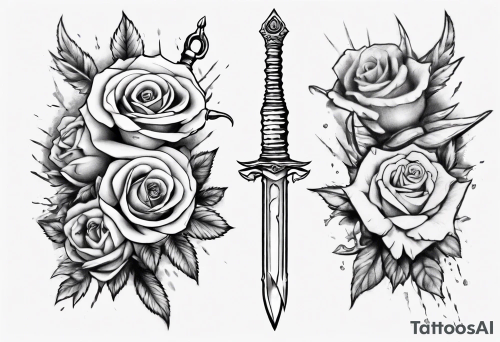 Dagger surrounded by roses tattoo idea