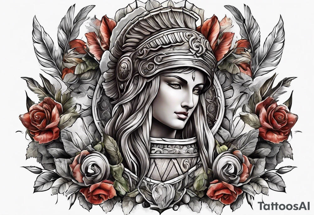 A sleeve of Roman objects, nature, and warriors tattoo idea