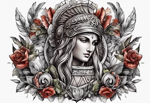 A sleeve of Roman objects, nature, and warriors tattoo idea