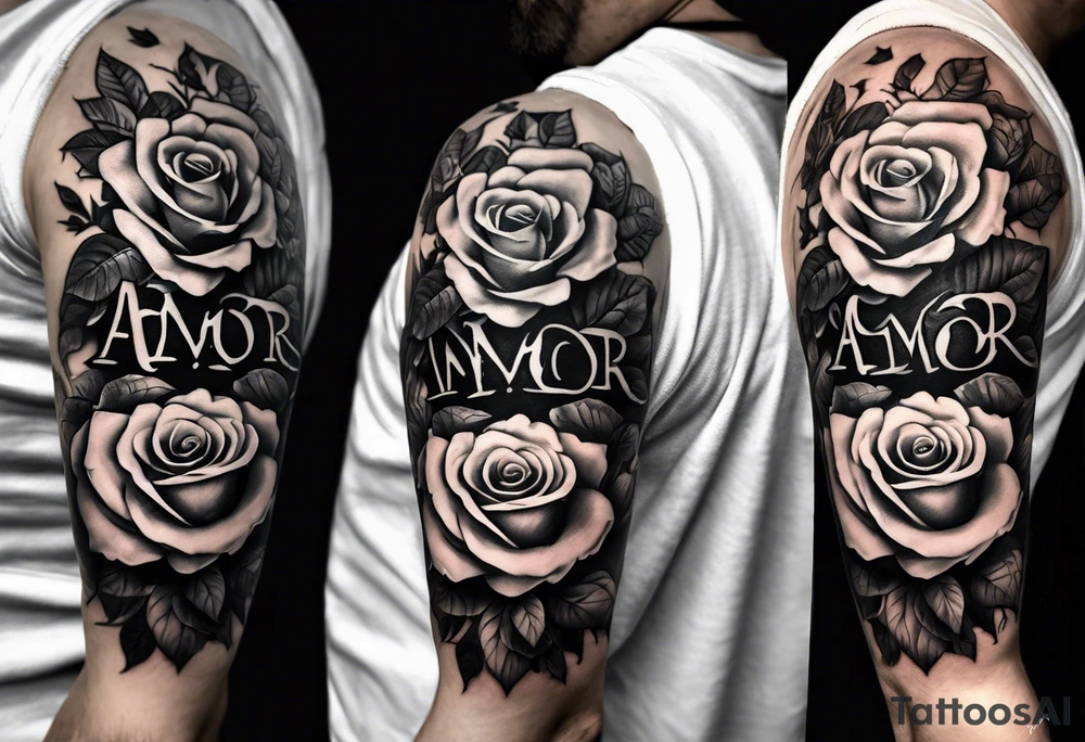 Clock with roses on shoulder/bicep going into roses with the word amor on forearm tattoo idea