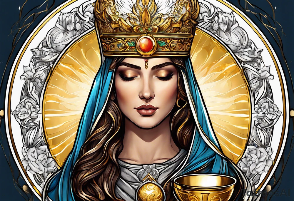 holy saint woman turned away with golden halo holding a chalice tattoo idea