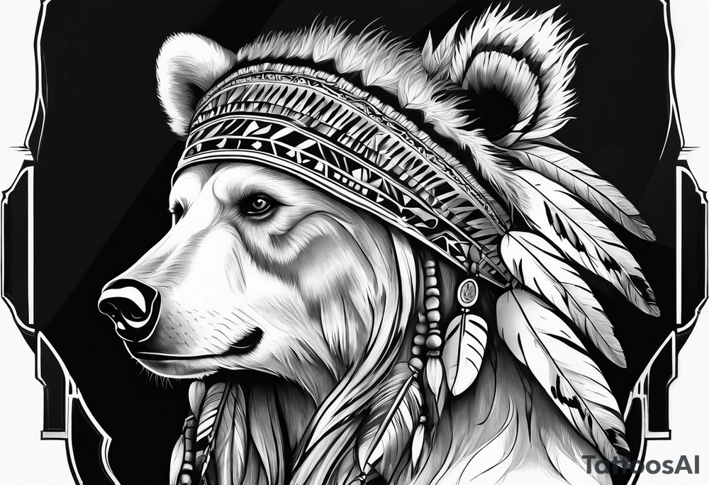 Native style bear pelt with woman and traditional headdress tattoo idea