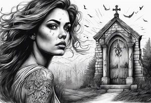 Courageous Woman with a tear running down her face walking out of a graveyard  leaving her old terrifying, scary, violent past behind her ethereal and mysterious tattoo idea