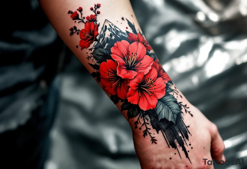 wrap around entire wrist red  and black rhododendron trippy with Himalayas behind tattoo idea