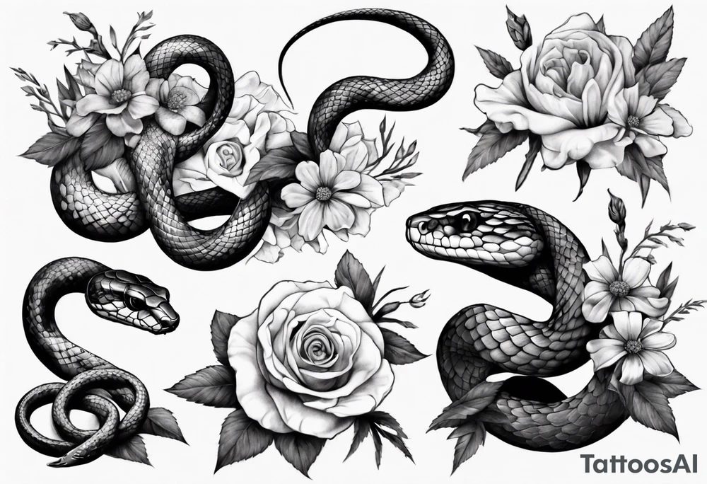 Snake wrapped around flowers tattoo idea